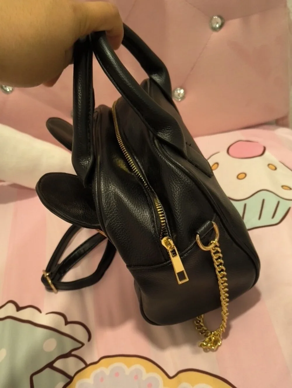 Black Quilted Crossbody Bag with Pink Bow